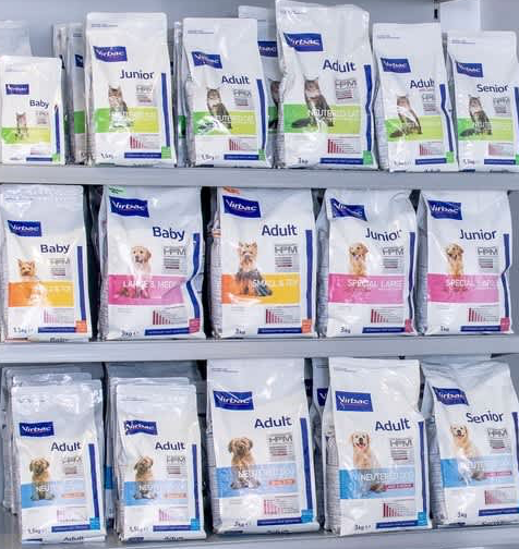Pet shop shelves stocked with Virbac Canin pet food products